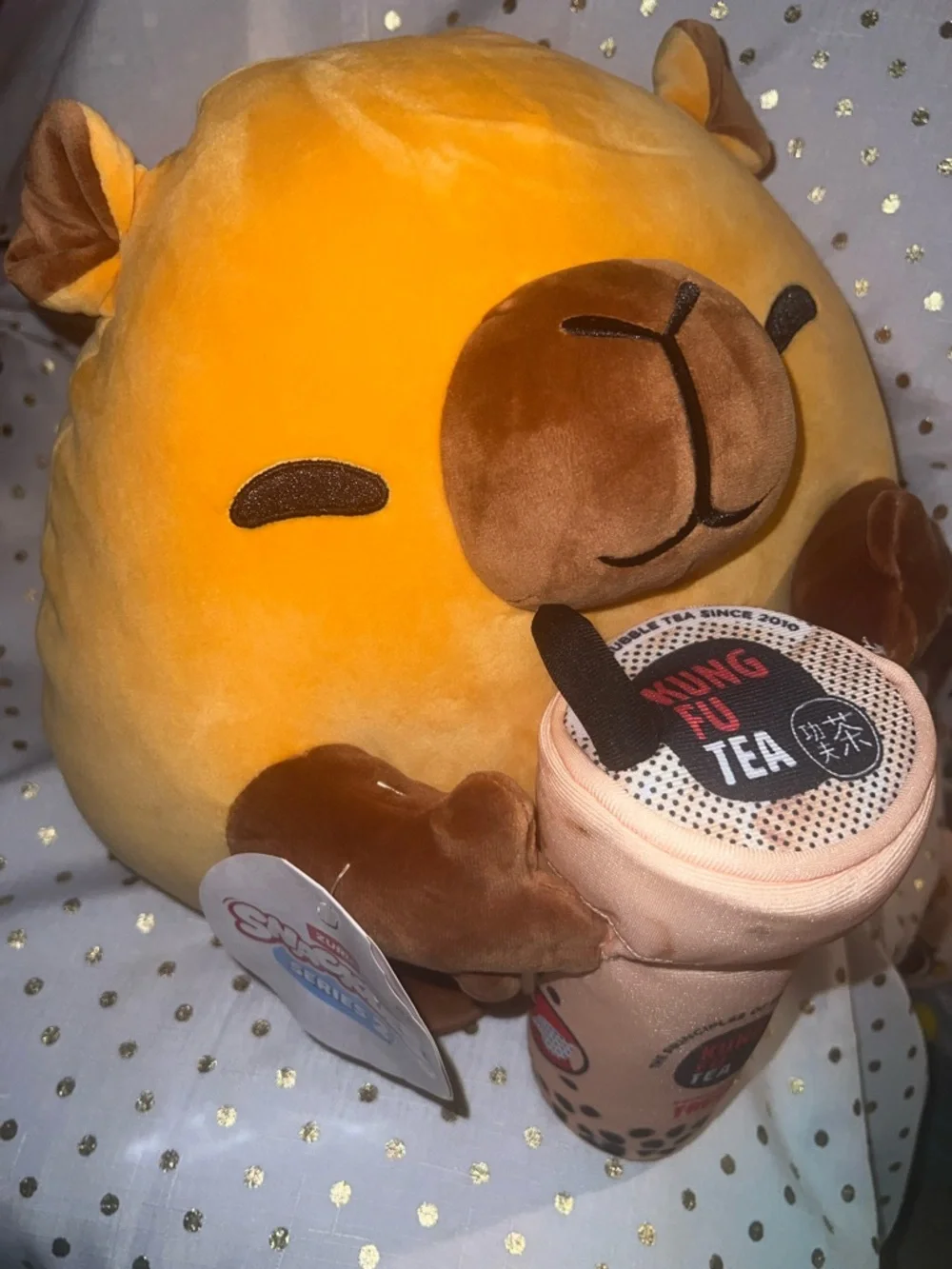Capibara Kung Fu Tea Plush with Peach Bubble Tea Accessory - Brown/Orange